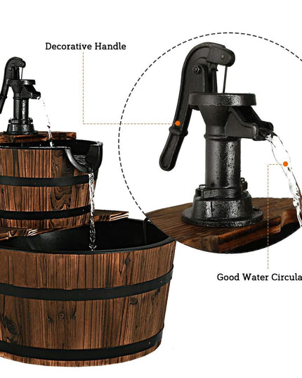 Giantex 2-Tier Barrel Waterfall Fountain with Hand Pump