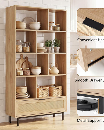 GIANTEX 64" Tall Bookshelf with Rattan Drawer