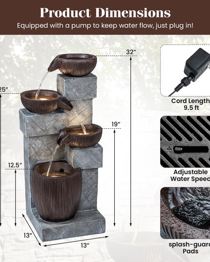 Giantex 4-Tier Cascading Bowls Waterfall Fountain with Warm LED Lights & Pump