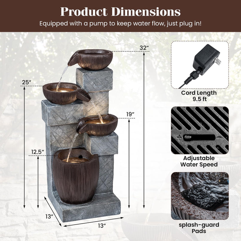 Giantex 4-Tier Cascading Bowls Waterfall Fountain with Warm LED Lights & Pump