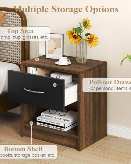 Giantex Night Stand Set of 1/2 with Drawer, Wood  End Table with Open Storage Shelf for Bedroom