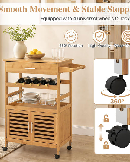 GIANTEX 27" Bamboo Kitchen Island Cart with Storage