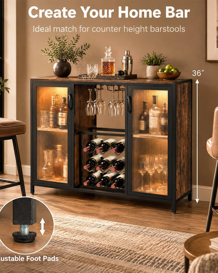 GIANTEX Modern Coffee Bar Cabinet with LED Lights & Wine Racks
