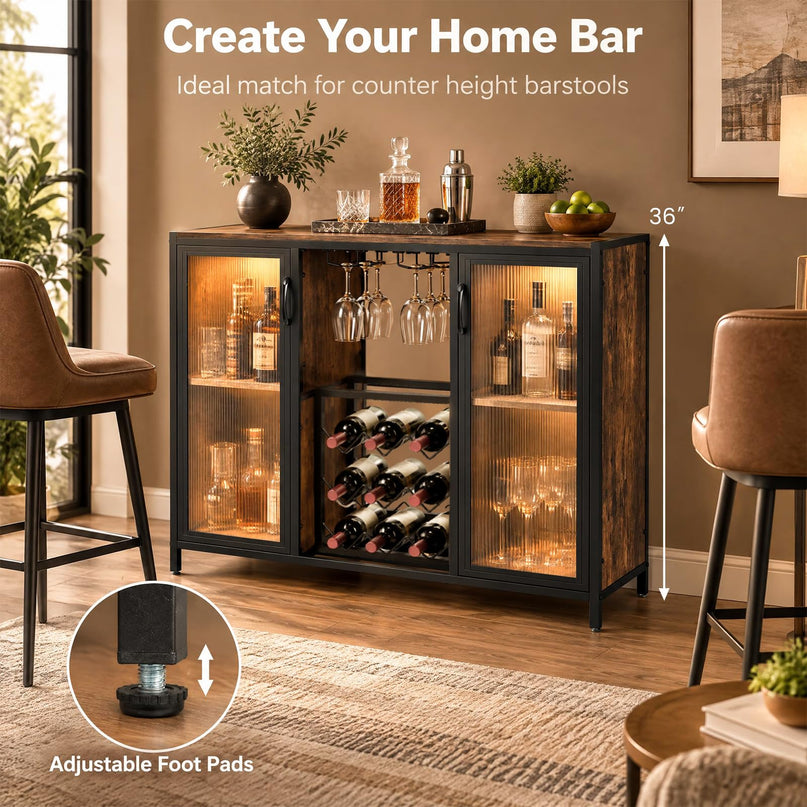 GIANTEX Modern Coffee Bar Cabinet with LED Lights & Wine Racks