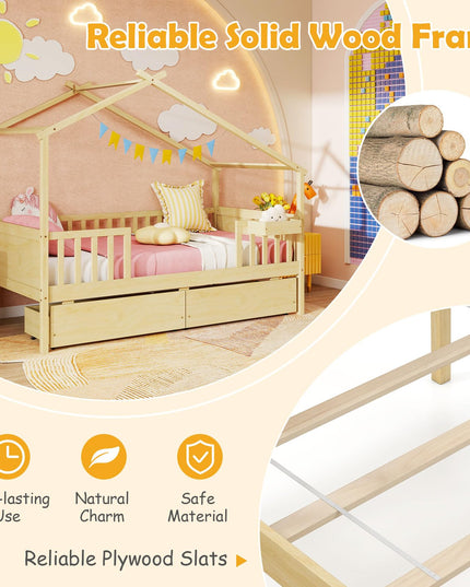 Giantex Montessori  Wooden Twin Bed Frame with Cube Storage & Fence Rails