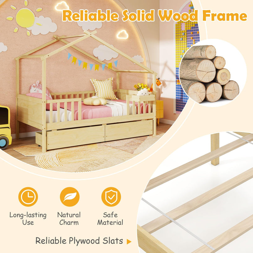 Giantex Montessori  Wooden Twin Bed Frame with Cube Storage & Fence Rails