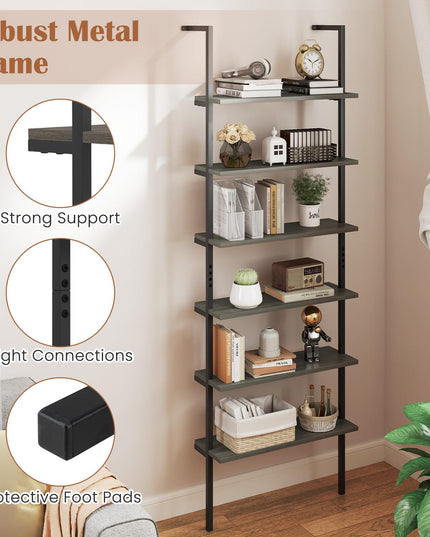Giantex 6-Tier Ladder Shelf, 72" Wall Mounted Bookshelf with Metal Frame, Industrial Open Storage Shelves