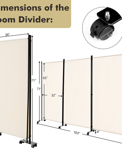 Giantex 3 Panel Room Divider with Wheels, 103''W x 71''H Folding Privacy Screen