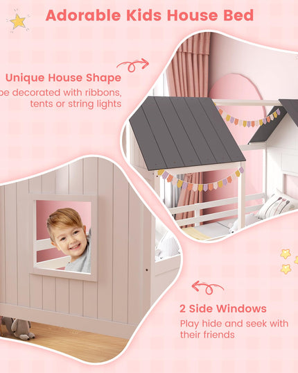 Giantex Twin House Bed Frame, Kids Low Loft Bed Frame with Roof