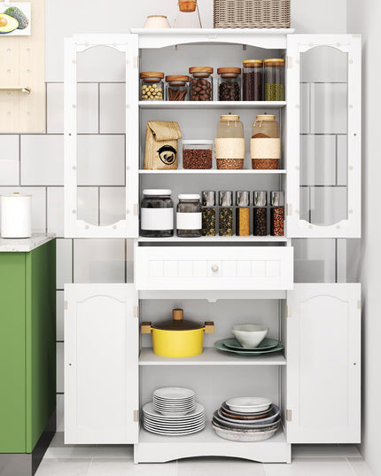 Giantex 63" Tall Bathroom Cabinet, Pantry Cabinet with Tempered Glass Doors, Adjustable Shelves & Large Drawer