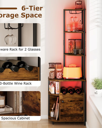 Giantex Corner Bar Cabinet w/Power Outlets | 6-Tier Industrial Wine Cabinet w/LED Light Strip