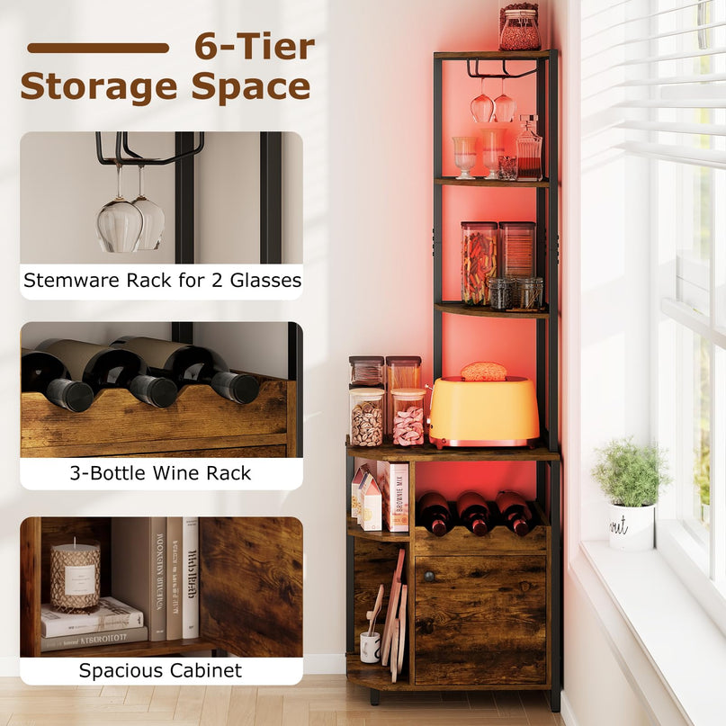 Meuble d'angle de bar Giantex avec prises électriques | Armoire à vin industrielle à 6 niveaux avec bandeau lumineux LED