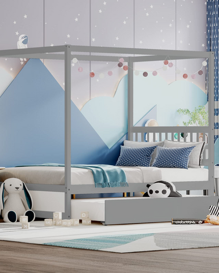 Giantex Canopy Bed w/ Trundle, Full Size Kids Solid Wood Platform Bed Frame
