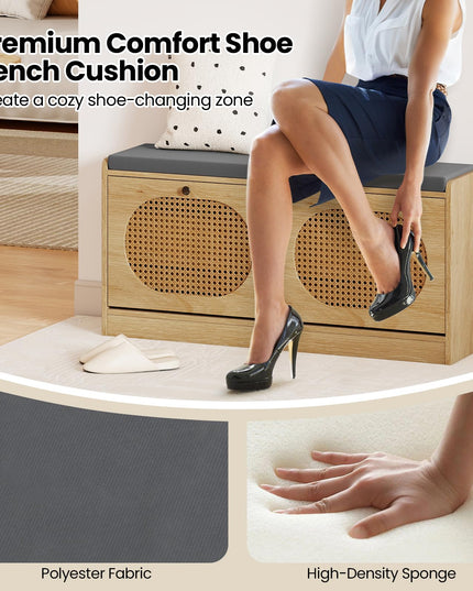 Giantex Rattan Shoe Storage Bench with 2 Flip Drawers & Padded Seat Cushion