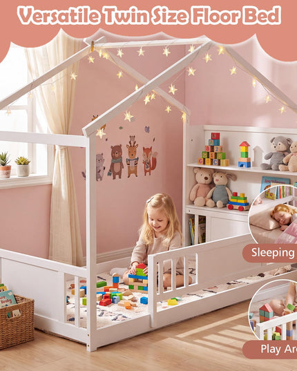 GIANTEX Twin Montessori Floor Bed with Storage Bookshelf & Safety Guardrail
