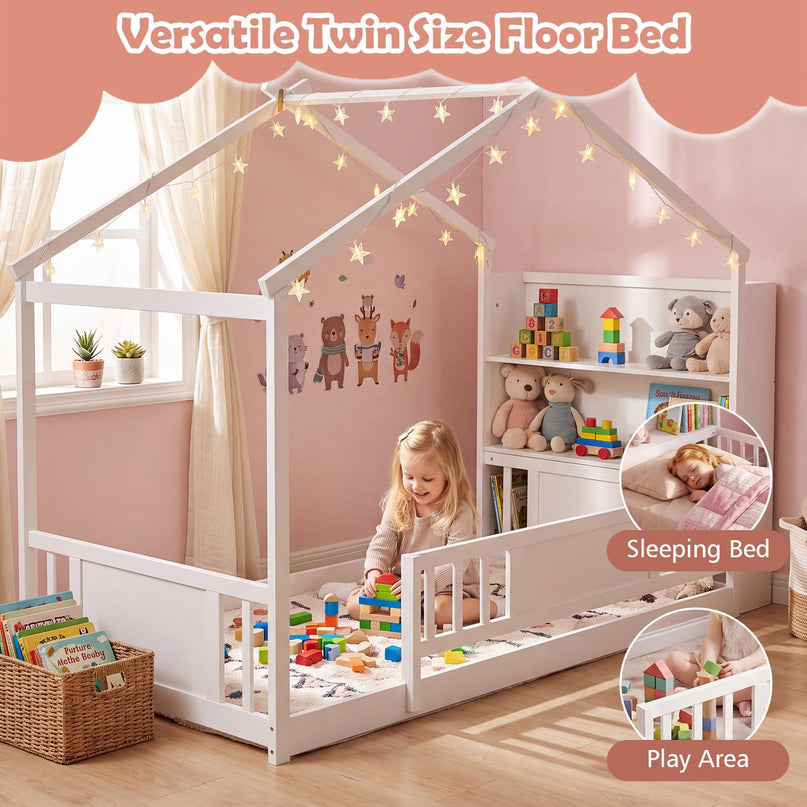 GIANTEX Twin Montessori Floor Bed with Storage Bookshelf & Safety Guardrail