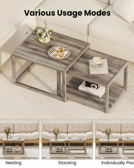 Giantex Stackable Nesting Coffee Table Set of 2 with Storage Shelf & Rubber Wood Frame