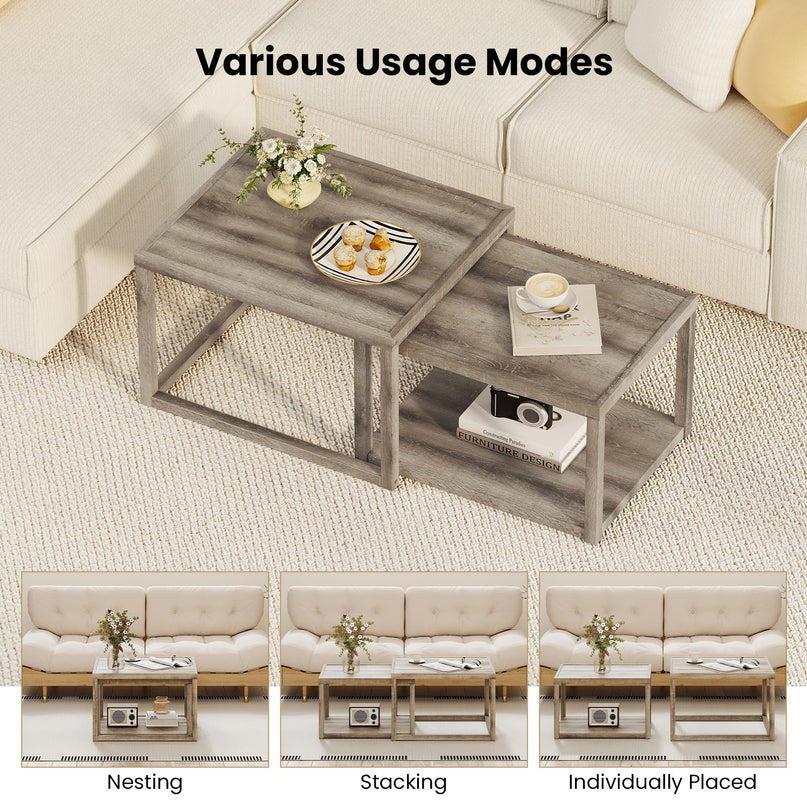 Giantex Stackable Nesting Coffee Table Set of 2 with Storage Shelf & Rubber Wood Frame