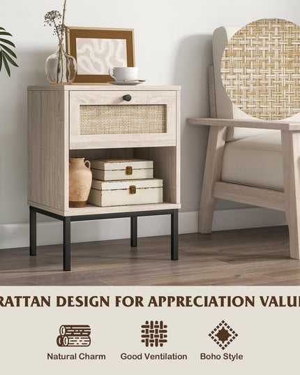 Giantex Rattan Nightstand with Drawer, Boho Side Table with 4 Metal Legs and Open Storage Shelf