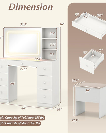Large Vanity Desk with Lighted Mirror for Bedroom