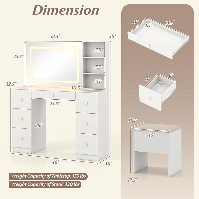 Large Vanity Desk with Lighted Mirror for Bedroom