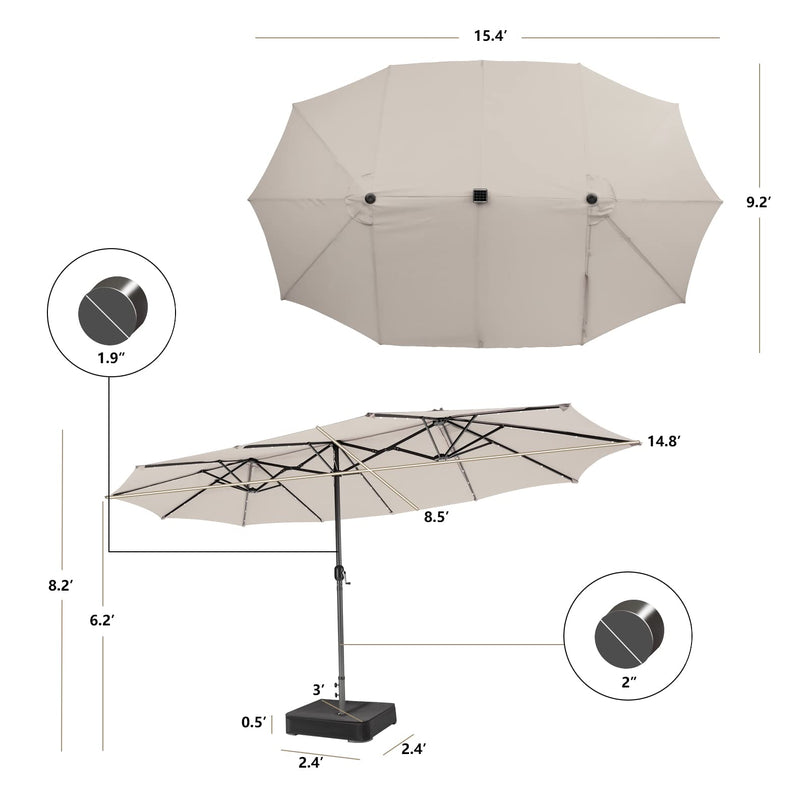 15ft Large Outdoor Umbrella Double-Sided, 48 Solar Lights, Auto-Charging Solar Panel