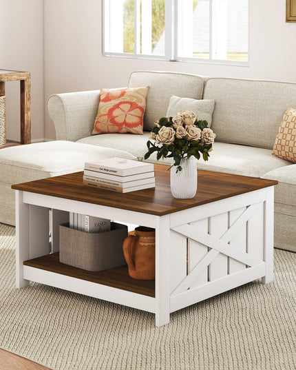 Giantex 31 Inch Farmhouse Square Wood Coffee Table with Storage Shelf  Open Compartment