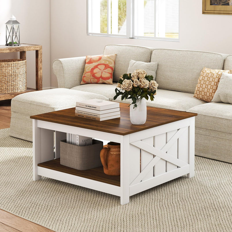 Giantex 31 Inch Farmhouse Square Wood Coffee Table with Storage Shelf  Open Compartment