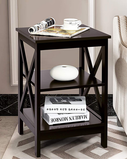 Nightstand 3-Tier X-Design W/Storage Shelves and Stable Structure Storage Organizer Display Sofa Side Table