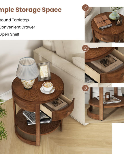 Giantex Round Side Tables Set of 1/2, 2-Tier Retro End Tables with Drawer & Shelf