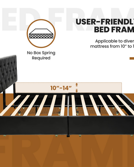 Upholstered PU Leather Platform Bed Frame w/ 4 Storage Drawers, Adjustable Headboard & Solid Wooden Slats