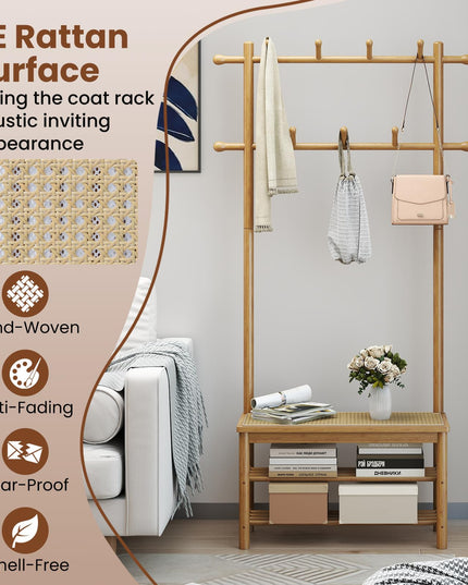 Giantex Portemanteau en rotin PE avec banc et rangement à chaussures pour entrée ou salon