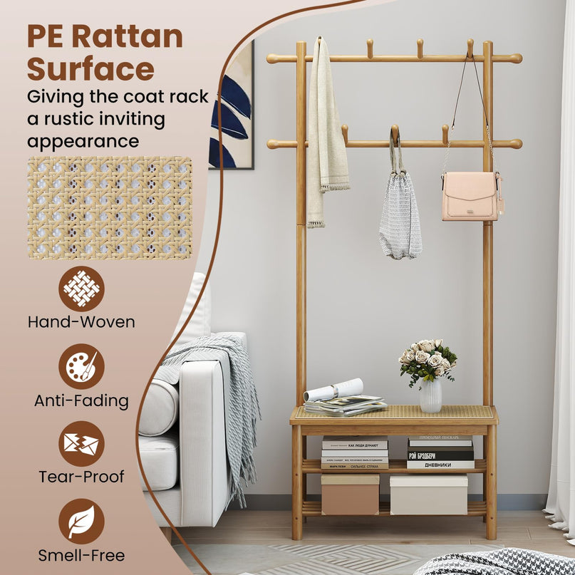Giantex PE Rattan Hall Tree with Bench & Shoe Storage for Entryway Living Room