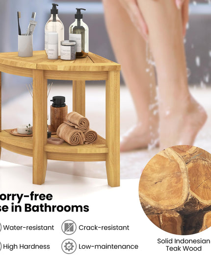 Giantex Corner Shower Stool - Teak Wood Shower Bench Seat with Storage Shelf for Shaving Legs