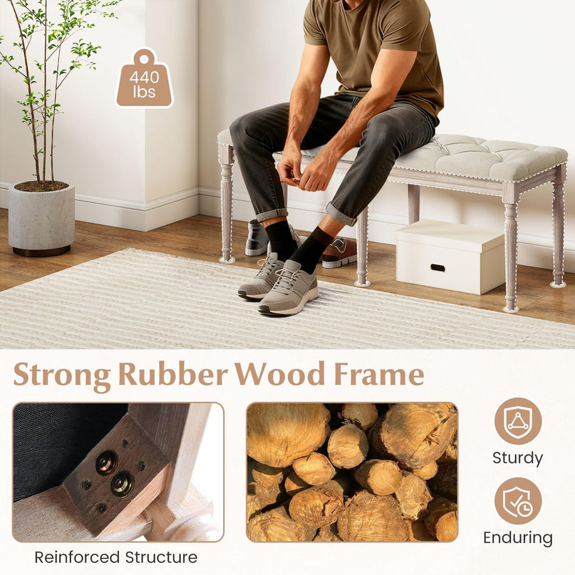 Giantex 47.5-inches Button-Tufted Table Bench with Carved Rubber Wood Legs