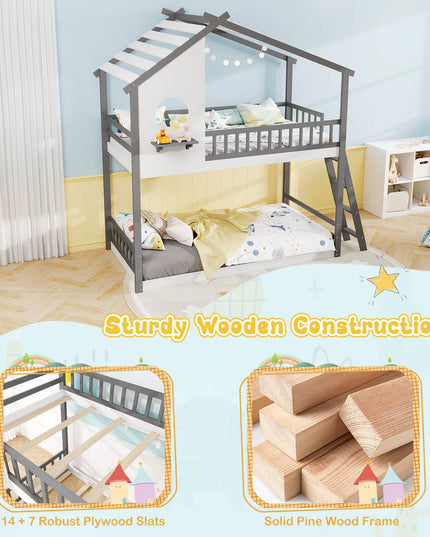 Giantex Solid Wood Floor Bunk Bed with Ladder and Full-Length Guardrails