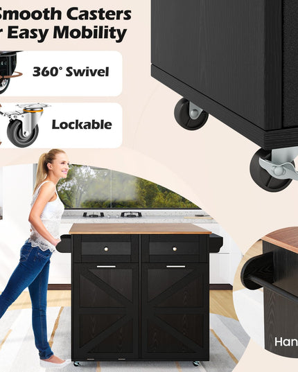 Giantex Kitchen Island Cart with Hidden Tilt Out Trash Can Cabinet, Drop Leaf, 2 Drawers, Towel Rack