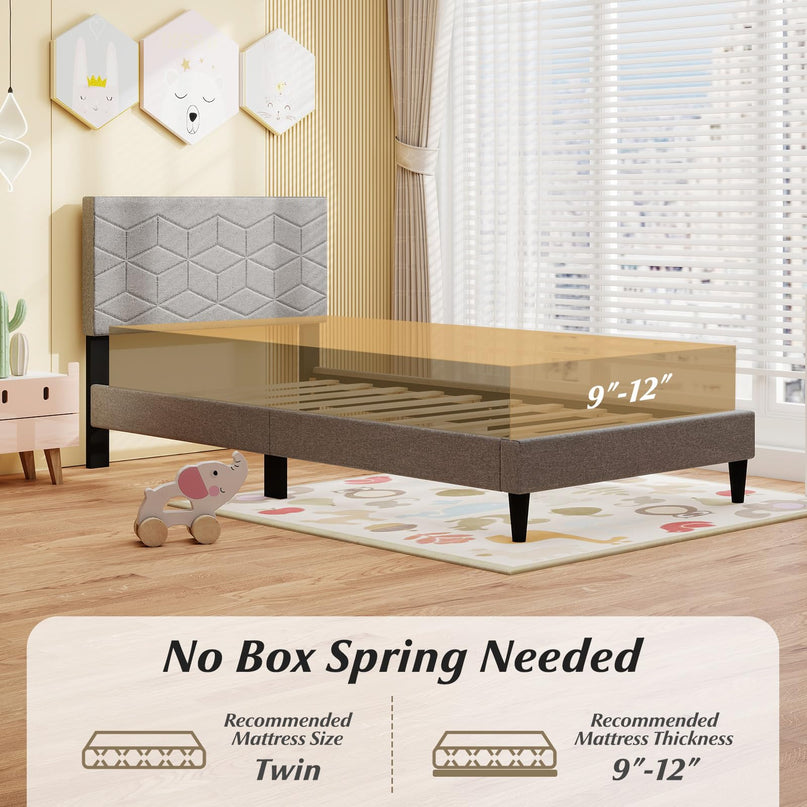 Giantex Modern Platform Bed with Linen Fabric Geometric Headboard | No Box Spring Needed