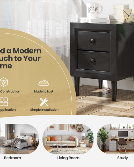 Nightstand Wooden W/Two Storage Drawers and Handles