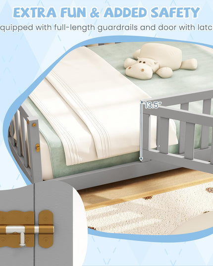 Giantex Full Size Floor Bed for Kids, Montessori Floor Bed with Wood Slats & Safety Guardrails