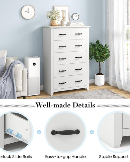 Giantex 5 Drawer Dresser Chest of Drawers - Vertical Dresser with 5 Pull-Out Drawers for Bedroom, Living Room, Entryway