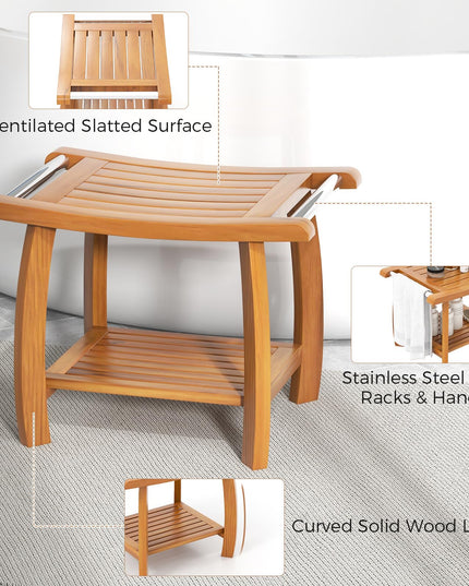 Gaintex Teak Shower Bench with Handles and Storage Shelf, Teak Shower Stool for Shaving Legs, Non-Slip Foot Pads