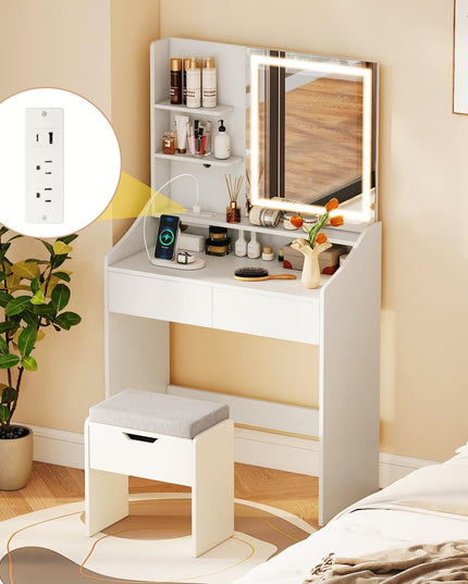 CHARMAID White Vanity Desk with LED Lighted Mirror