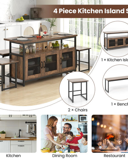 Giantex Dining Table Set for 4, Kitchen Island with Seating Bench & Stools, Storage Cabinet, 3-Position Adjustable Shelves