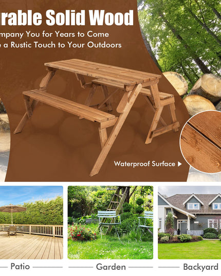 Giantex Wooden Picnic Table Set, 2 in-1 Folding Picnic Bench Set Transforming Interchangeable