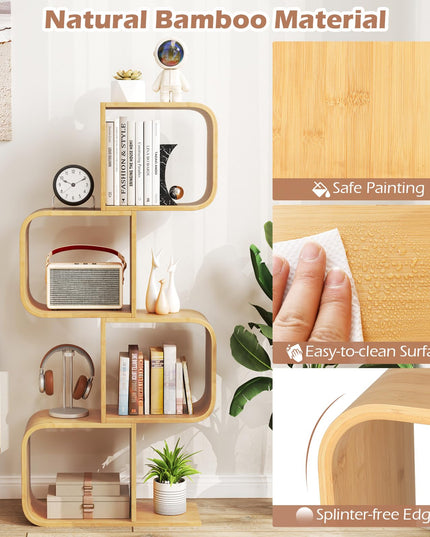 Giantex 4-Tier S-Shaped Bamboo Bookshelf with 4 Open Cubes