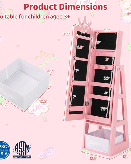 CHARMAID Kids Mirror Jewelry Cabinet - 45.5'' Standing Jewelry Armoire with Full Length Mirror