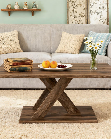 Giantex 37.5 Inch Wood Farmhouse Coffee Table with Stable Base & Rubber Wood Connection