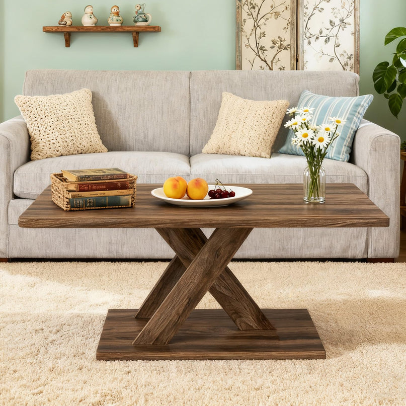 Giantex 37.5 Inch Wood Farmhouse Coffee Table with Stable Base & Rubber Wood Connection