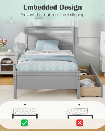 Giantex Wood Twin Bed with 2 Storage Drawers, Solid Wood Platform Bed with Headboard